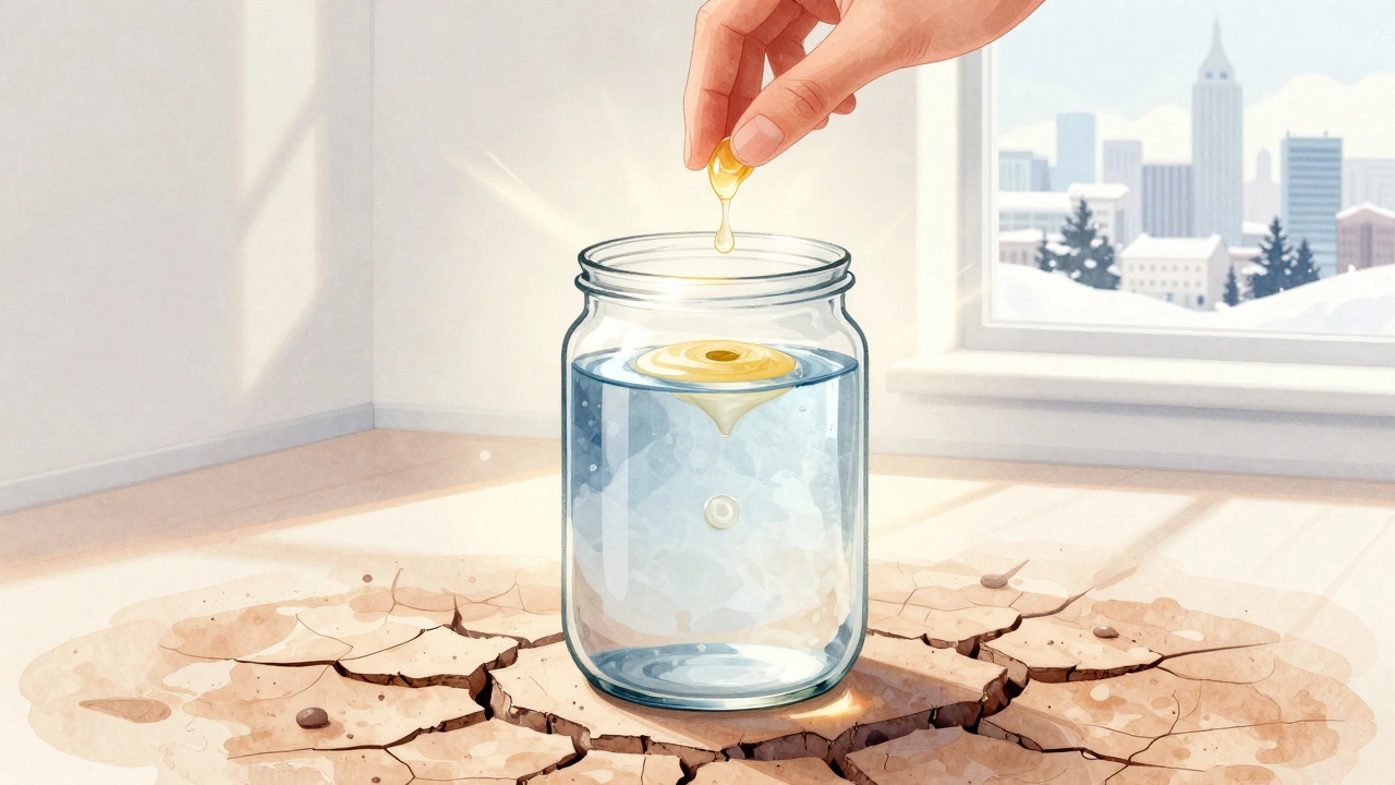 Визуальная метафора увлажнения кожи: вода, барьер и повреждённый слой в прозрачном сосуде.