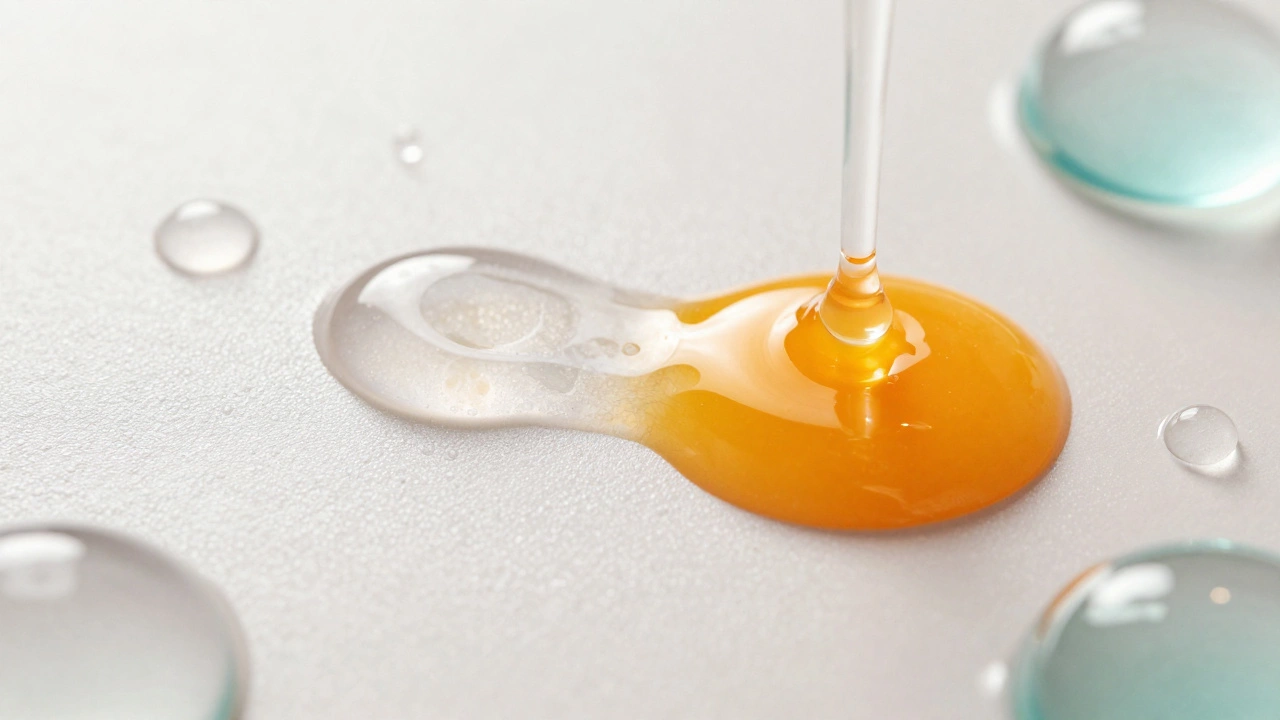 Капли увлажняющей сыворотки и витамина С на коже