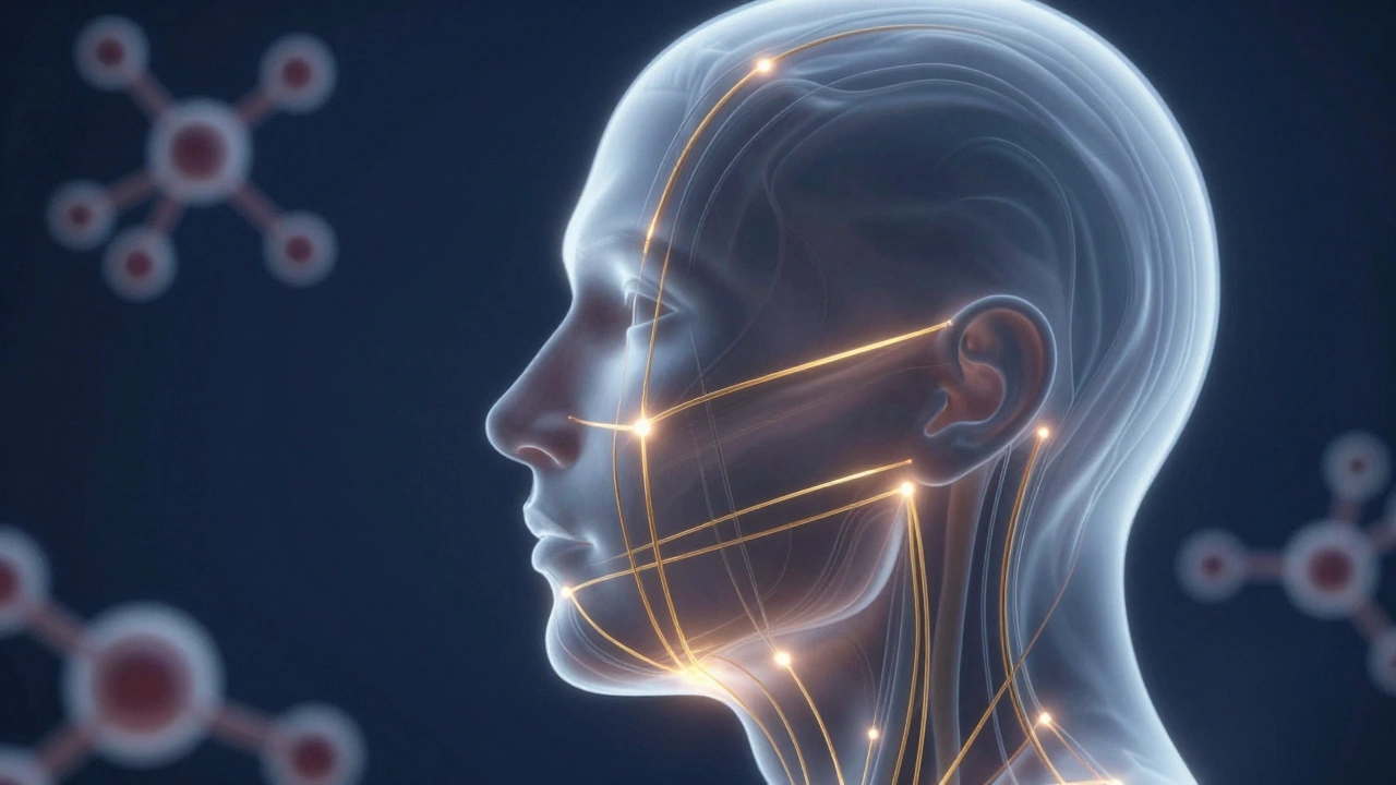 Концептуальное изображение мышц лица как опорных растяжек для кожи