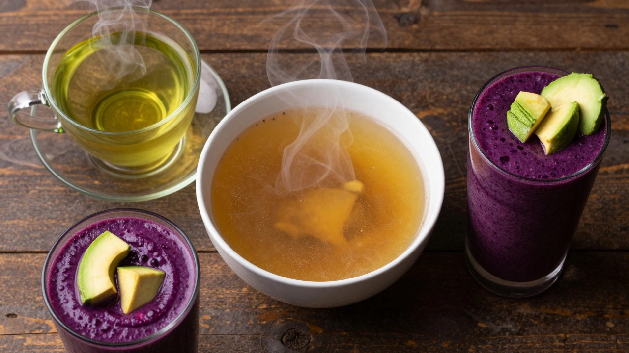 Набор полезных напитков: зеленый чай, костный бульон и ягодный смузи