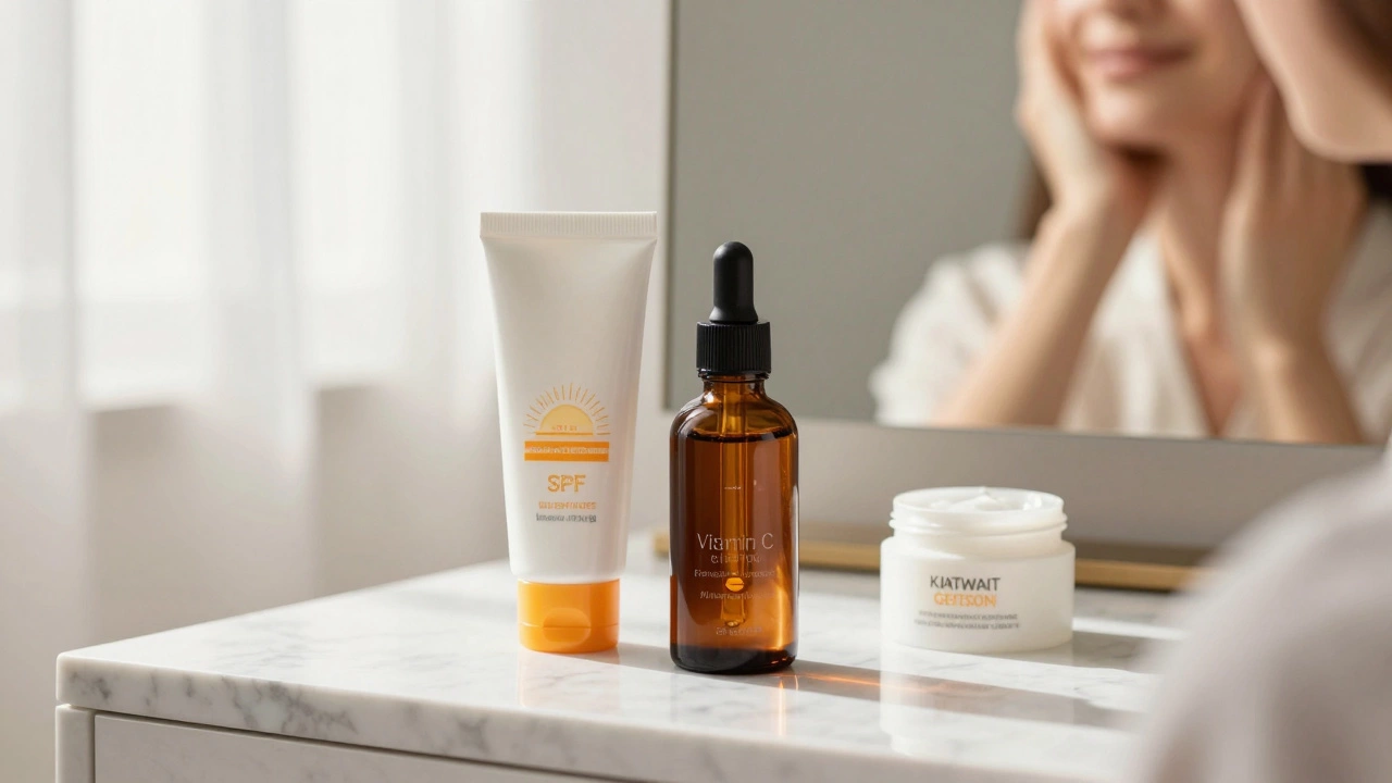 Набор средств для ухода: флакон сыворотки с витамином С и солнцезащитный крем на мраморе
