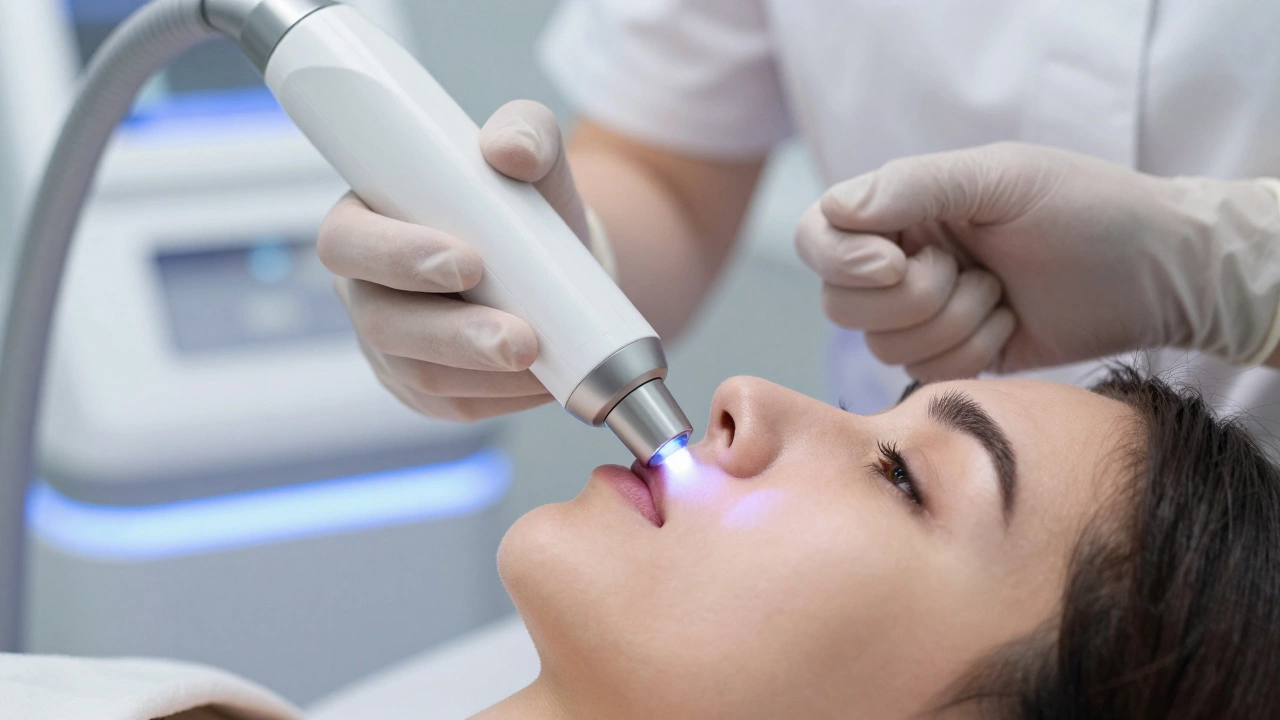 Процесс лазерного удаления пигментных пятен в косметологическом кабинете