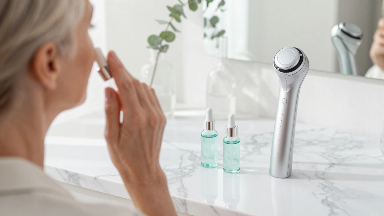 Процесс увлажнения кожи зрелой женщины с использованием сывороток