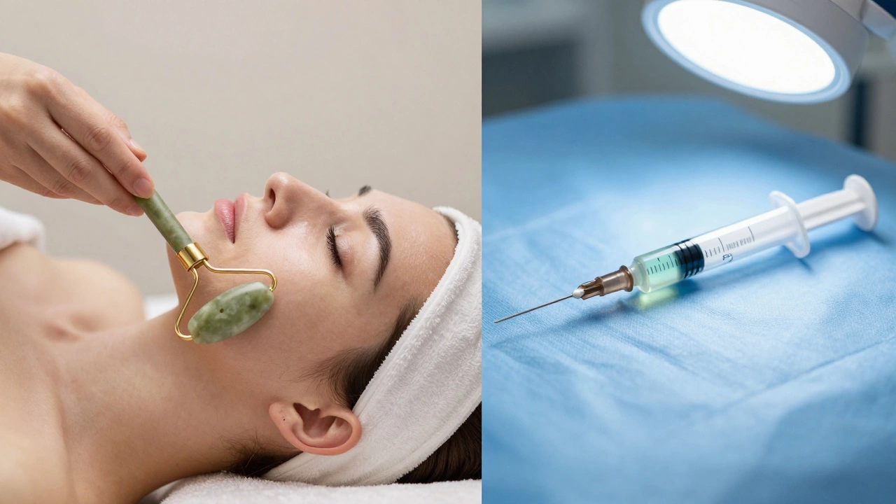 Сравнение эстетического ухода с роликом и медицинской процедуры со шприцем.