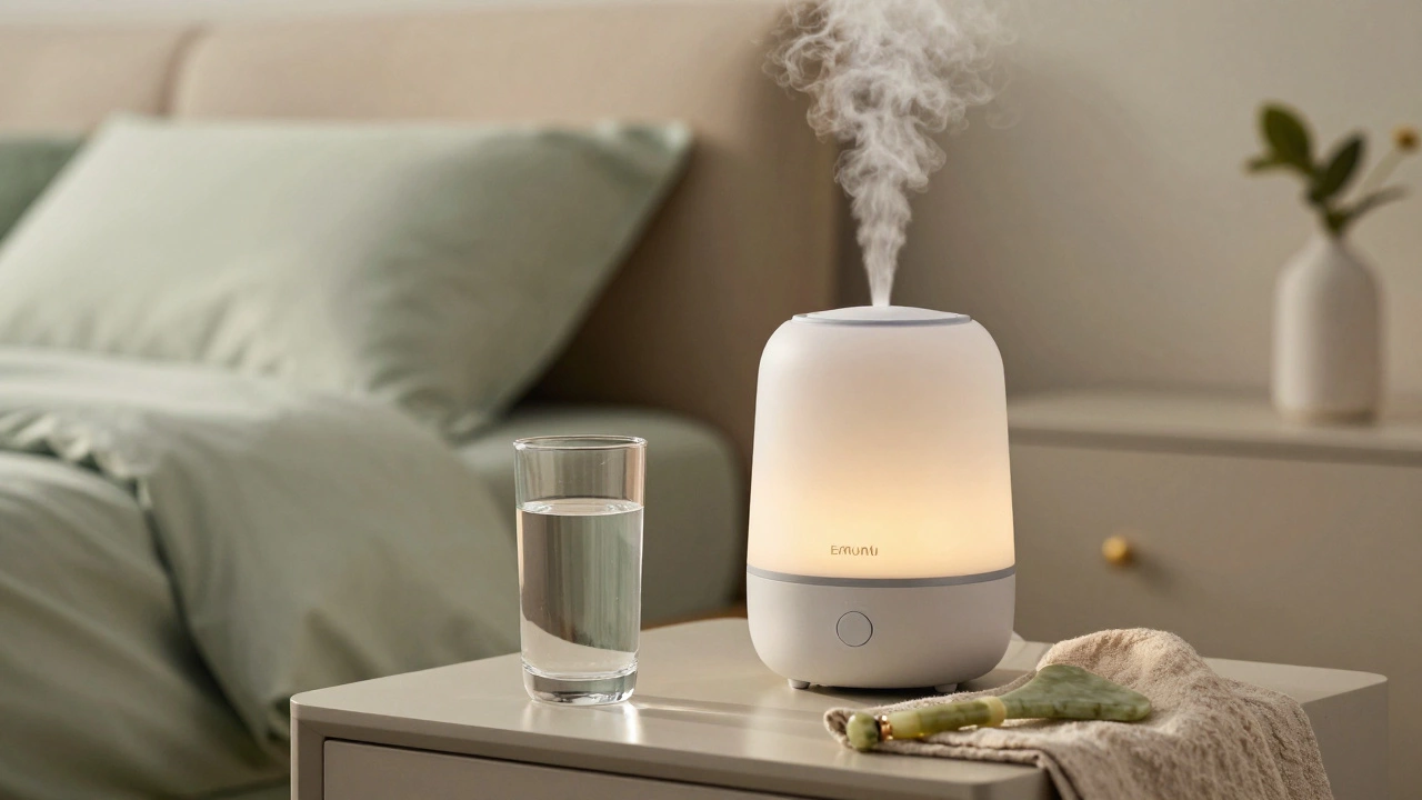Увлажнитель воздуха и камень гуаша на прикроватной тумбе