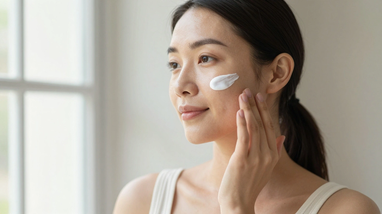 Женщина наносит солнцезащитный крем на сияющую кожу после лазерных процедур