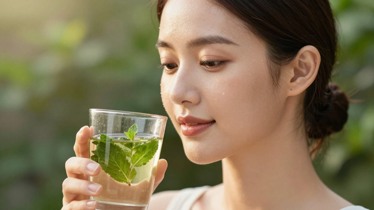 Женщина с сияющей кожей держит стакан травяного чая с мятой
