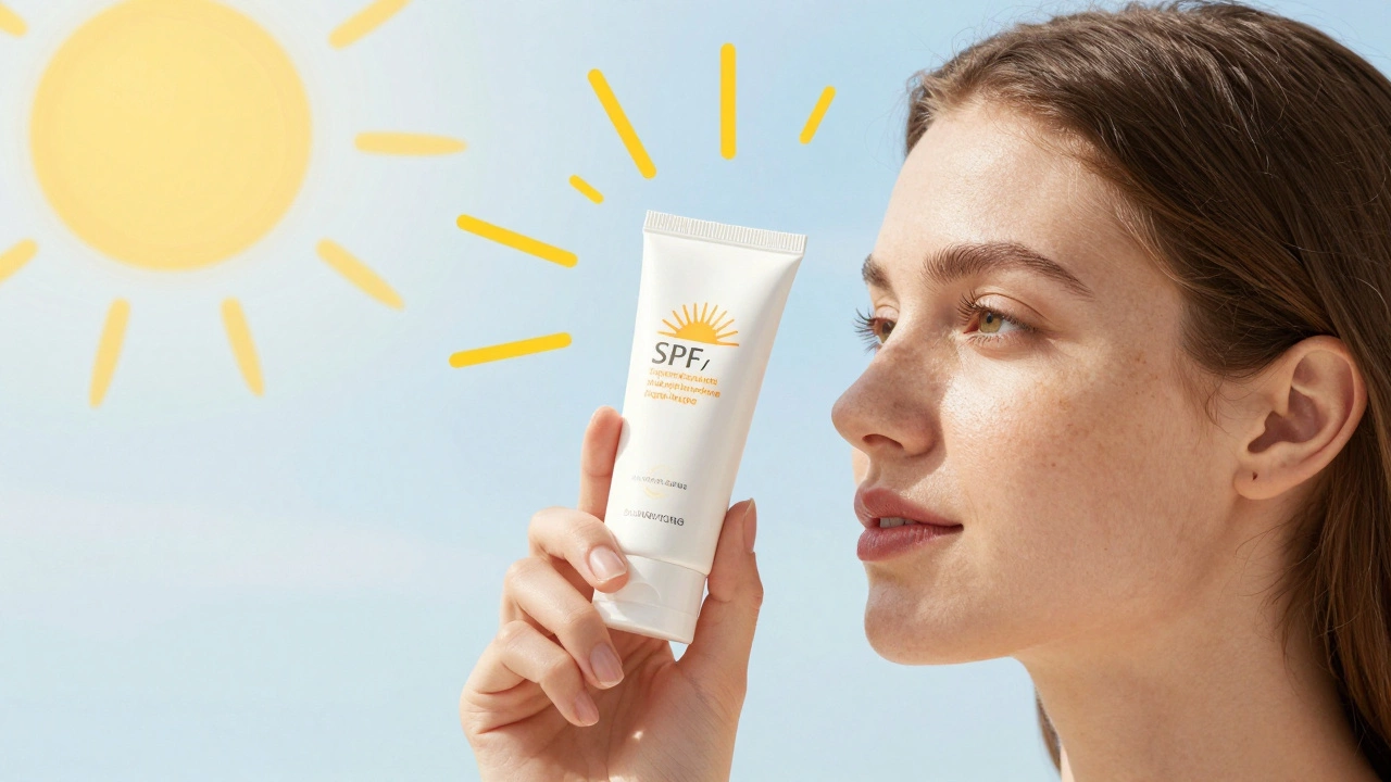 Рука держит крем с SPF, защищая лицо от солнечных лучей